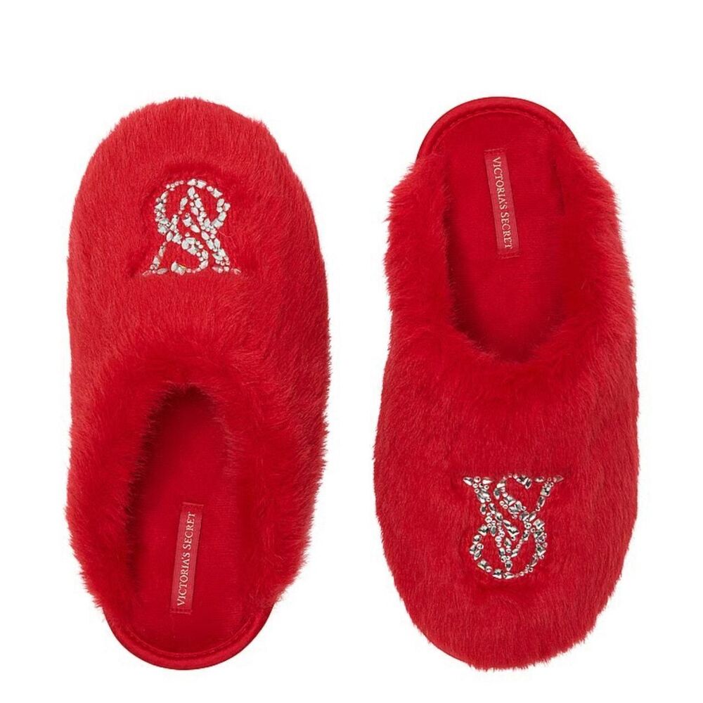 Victoria's Secret Closed-Toe Bright Red Silver Rhinestone Faux Fur Slippers 9 10